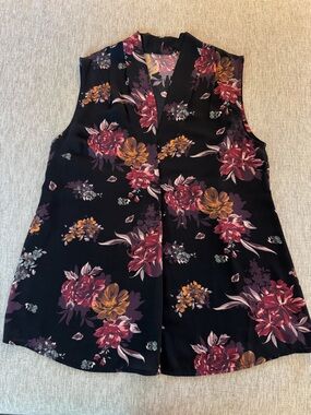 Sleeveless Black Floral Top with Burgundy & Mustard Blooms